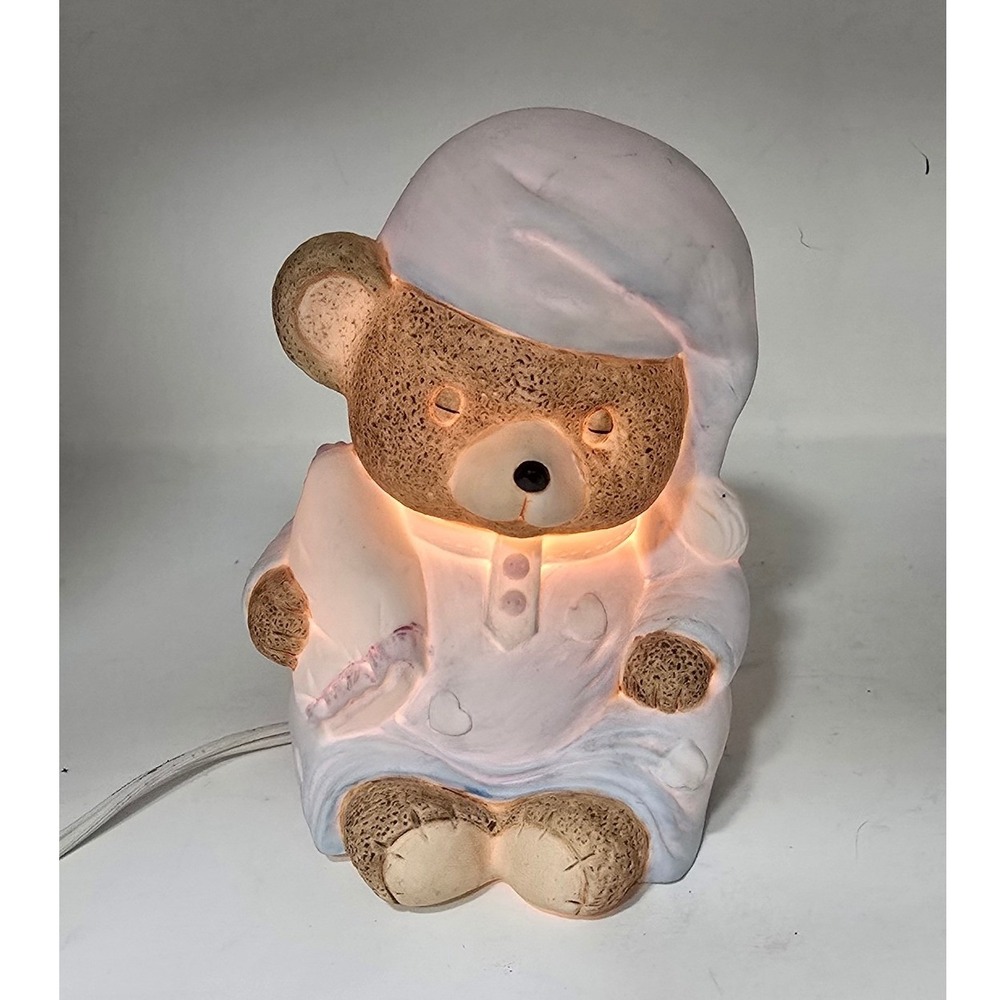 Vtg sleeping teddy bear nightlight ceramic lamp nursery retro kid room whimsical